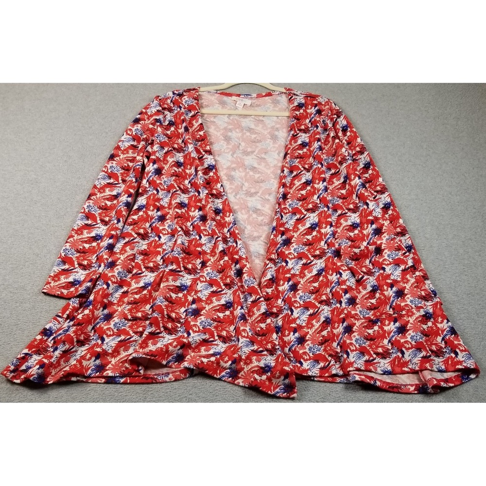 LuLaRoe Cardigan Women Medium M Red White Blue Floral Sweater Open Front Stretch